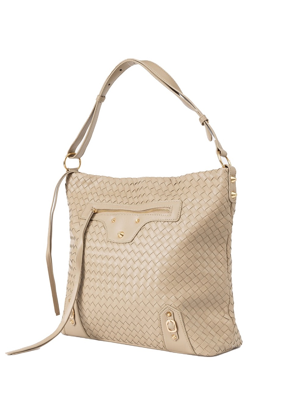 Woven Leather Shoulder Bag in Beige with Gold Accents